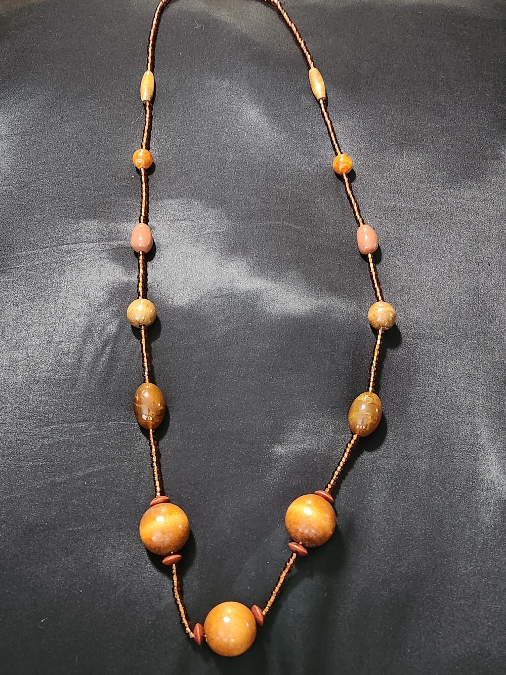 Vintage Mixed Media Boho Statement Necklace - Wooden, Resin & Seed Beads, Earthy